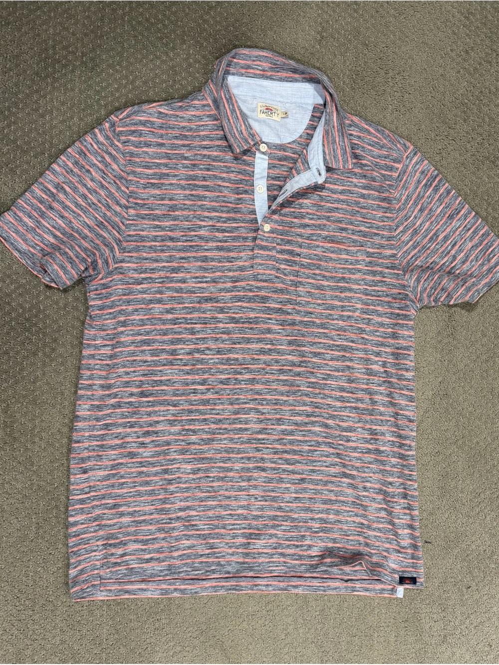 Faherty Coral and Gray Striped Polo